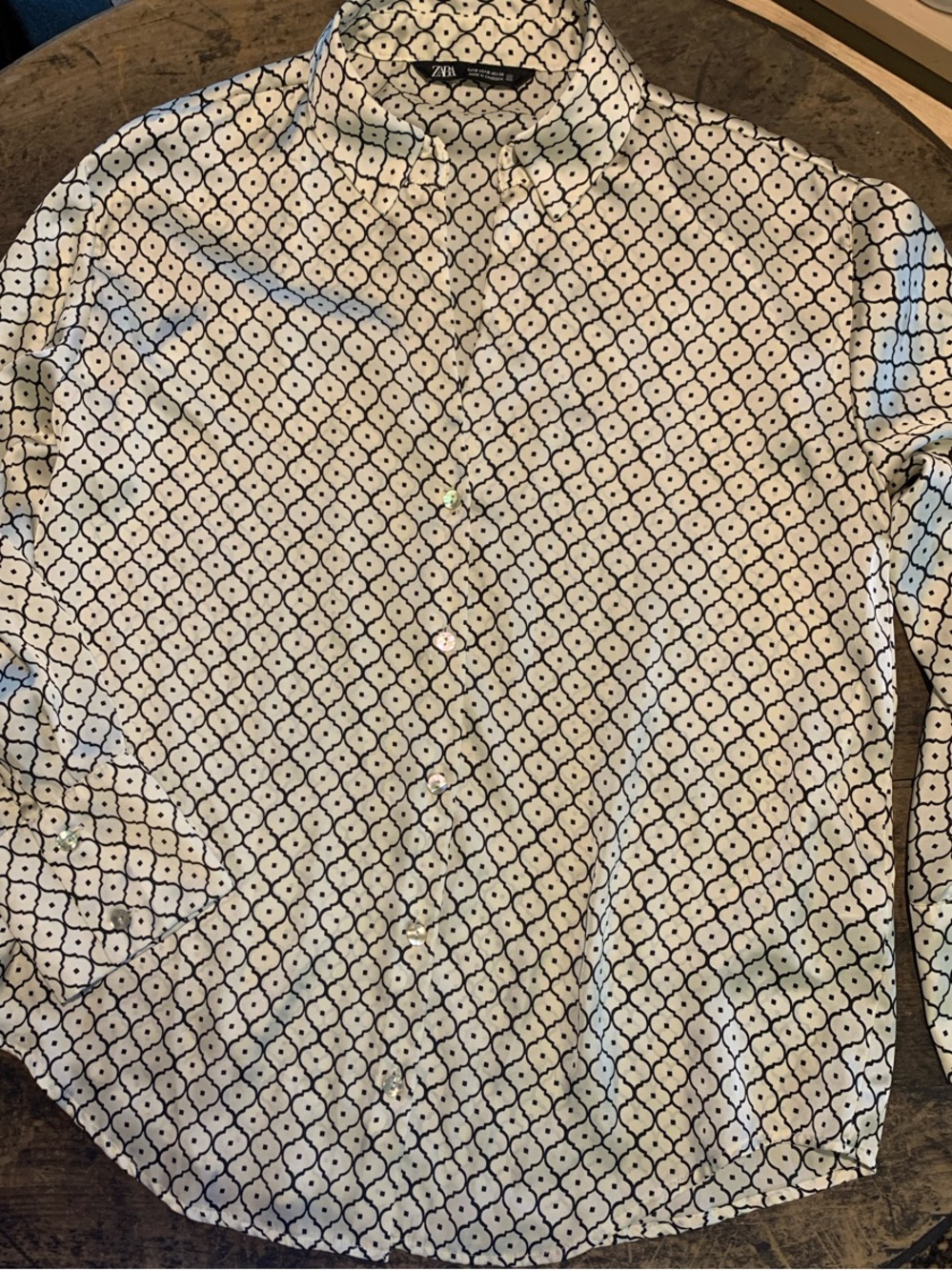 Zara Cream Satin Button-Up Shirt with Black Geometric Print
